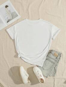 1 pcs[Camiseta de Moda] Camiseta estampada creativa de estilo casual y elegante, Blusa de manga corta para mujer, Camiseta de cuello redondo para dama, Primavera/Verano Negro180g 100% Cotton - Blanco - Ver 2