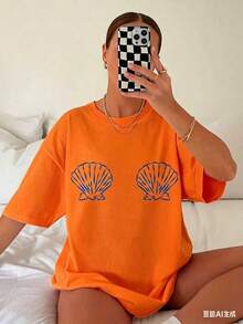 Graphic TeesWomen's Tropical Shell Print Casual T-Shirt - High Elasticity Round Neck Short Sleeve Top, Machine Washable White Blue Summer Beachwear, All-Season Comfortable Fit, Breathable Fabric, Simple Design, Tops For Women, Vacation Outfits For Women100% CottonWomen's Casual Easter Cotton T-Shirt Soft Breathable Daily Tee - 橘色 - 查看 1