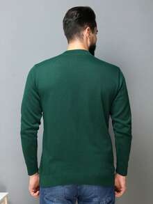 Men's Plain Wool Knit Sweater With Round Neck And Long Sleeves For Winter - 墨綠色 - 查看 2