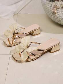 2026夏季新款法式厚底镜面金色凉鞋，时尚百搭金色蝴蝶装饰绑带优雅高跟凉鞋，女士款 - 金色 - 查看 9