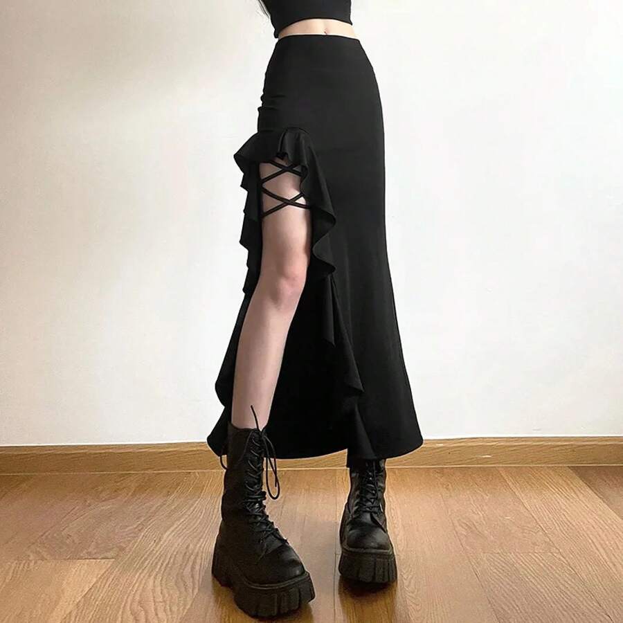 Falda con aberturas y cordones para mujer, faldas asimétricas ajustadas hasta el tobillo, Sexy, a la moda, para primavera y otoño - Negro - Ver 1