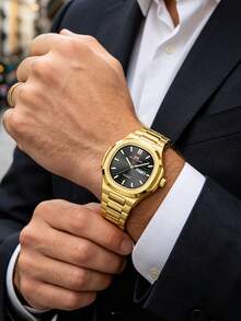 男士奢華運動品牌不鏽鋼 43.5mm 原裝雙日曆機芯商務石英腕錶 VA VA VOOM 情人節禮物 男士腕錶 銀黑運動風條紋夜光 3Bar 優雅男士腕錶 - 黑色 - 查看 5