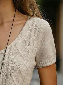 Blusa casual de punto trenzado con cuello en V de manga corta, versátil para uso diario, en color albaricoque, para primavera/verano - Caqui - Ver 5