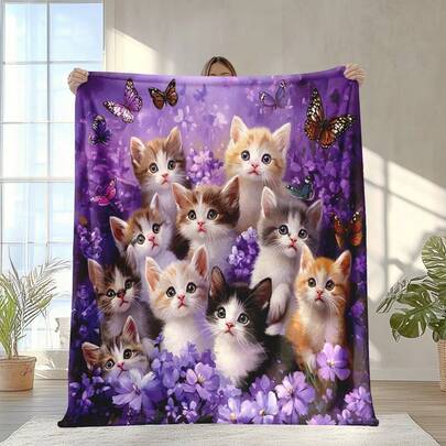Super Cute Quilted Blanket, Featuring Adorable Kitten And Floral Designs. This Machine Washable Blanket Is Suitable For All Seasons And Versatile For Multiple Uses.