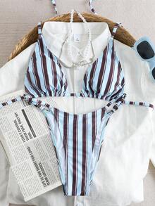 Bộ bikini mùa hè mới 2026, bộ bikini nữ kẻ sọc co giãn cao, hở lưng, buộc dây cổ, kèm quần lọt khe, đồ bơi dễ thương buộc dây phía sau, thích hợp cho kỳ nghỉ biển. - Nhiều màu - Xem 2