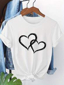 Camiseta de manga corta con patrón de corazón 5377 - Blanco - Ver 2