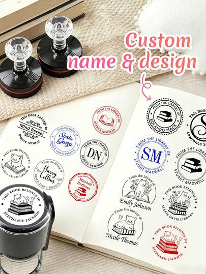 Con dấu sách thư viện tùy chỉnh, con dấu tên cá nhân hóa, kiểu biểu tượng tối giản dễ thương dùng làm tem sách, sổ tay, quà tặng cho người yêu sách, con dấu tự động đóng mực tùy chỉnh làm quà tặng ngày lễ cho bạn bè và gia đình, con dấu tên cá nhân hóa chứng nhận quyền sở hữu sách để sử dụng tại thư viện gia đình, 2 loại con dấu.