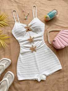 Mono de mujer con decoración de estrella de mar hueca, adecuado para fiesta y uso en casa - Blanco - Ver 1