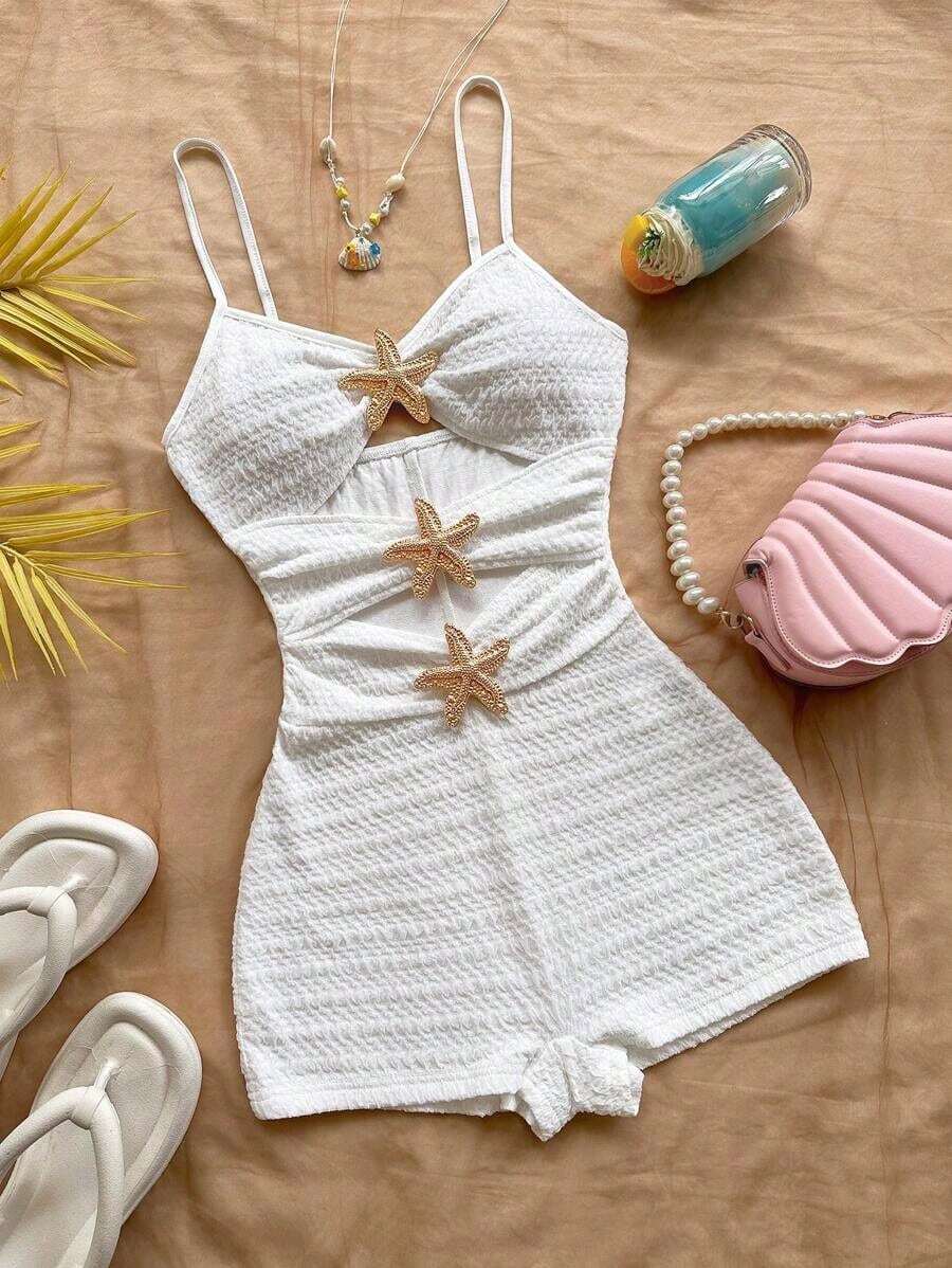 Mono de mujer con decoración de estrella de mar hueca, adecuado para fiesta y uso en casa - Blanco - Ver 1