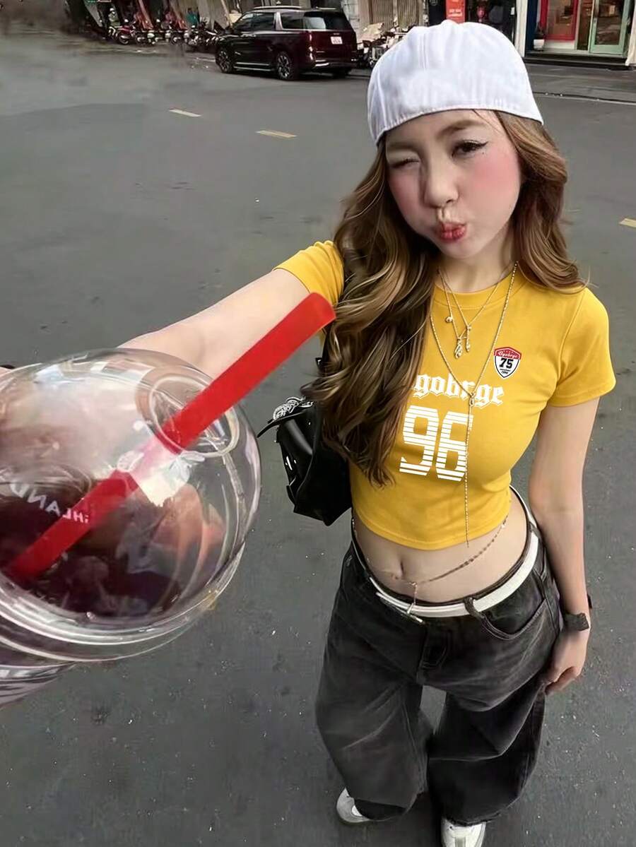 女士街头风露脐T恤,简约字母印花,修身夏季休闲黄色衬衫 - 黃色 - 查看 1