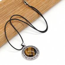 38x42mm Natural Crystal Agate Semi-Precious Stone Round Pendant, Gemstone Inlaid Alloy Abalone Shell Necklace - Water Drop Natural Stone Pendant - View 7
