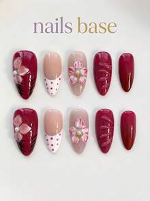 NAILS BASE 10片/組 粉色杏仁形長款法式漸層漸變美甲凝膠假指甲，附玫瑰紅花朵，杏仁形甲片，適合辦公場合的中性華麗風，日式手工 P - 彩色 - 查看 1