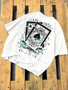 Fenqiro Men's Short Sleeve Crew Neck T-Shirt, Poker Card Graphic Print, Ace Of Spades Print, American Street Style, Versatile For Everyday Wear, Men's Ace Of Spades T-Shirt, 2000s Style. - 白色 - 查看 4