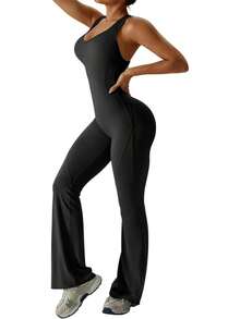 Women's Flared-Leg Jumpsuit With Built-In Bra, Openwork Back, Sportswear, Sleeveless Jumpsuit, Fitted Casual - màu đen - Xem 3
