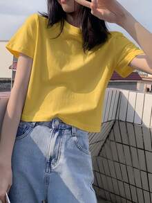 Short Sleeve T-Shirt, Solid Color, New Summer Style, Slim Fit, Versatile Round Neck Top Casual - Yellow - View 5