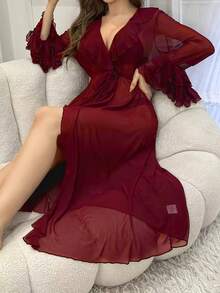 Local Delivery - -Plus-Size Sexy Lace Nightgown - 酒紅色 - 查看 3