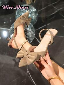Giày sandal cao gót mũi nhọn, quai sau buộc nơ 3D kiểu dáng mới mùa hè, thích hợp đi làm, hẹn hò, mặc hàng ngày, phong cách lãng mạn Pháp, màu đỏ rượu vang, be, kaki, đen. - Màu Khaki - Xem 5