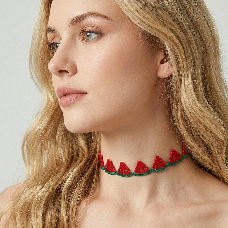 A Sweet Fruit-Themed Polyester Choker, Pineapple Choker, Versatile Collarbone Chain, Neckband Necklace - 粉紅西瓜 - 查看 1