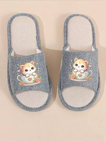 Cute Cat Mug + "Healing Time" Slogan Linen Slip-On Slippers, Non-Slip Wear-Resistant, Suitable For Women All Seasons - Blue - View 5