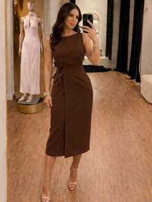 Women's Dress With Side Tie Tailoring, Tank Top Midi With Elegant PMG - Rỉ Nâu - Xem 1
