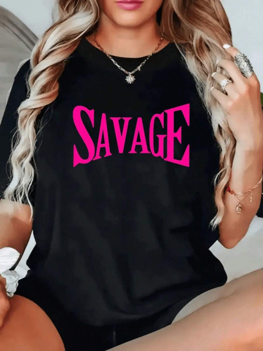 [Short Sleeve T-Shirt] Women's Black Printed T-Shirt - Large Pink "" Print, Casual Fit, Elegant Design With Exquisite Gold Jewelry Details, Perfect For Everyday Wear, Eye-Catching Style, Ideal For Layering Or Wearing Alone. - Unisex, Suitable For Casual Daily Outings, Short Sleeve Summer Top, Retro Y2K Print T-Shirt. - 黑色 - 查看 1