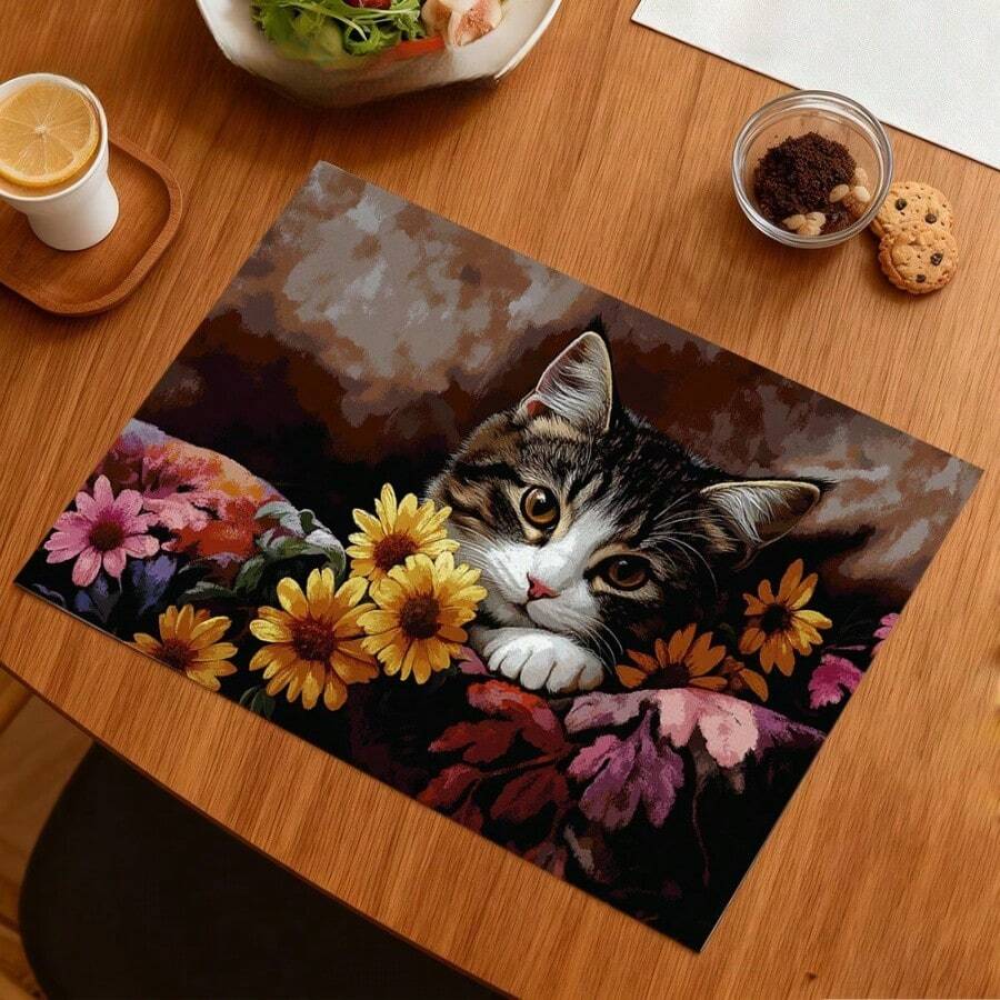 1/2/4/6/8/300 件套可爱猫咪图案餐垫。100% 聚酯纤维材质，尺寸 12 英寸 x 18 英寸/30 厘米 x 45 厘米。可机洗聚酯纤维餐垫，耐热、防污、防水，适用于室内装饰、家居用品、厨房用品和家庭聚会。