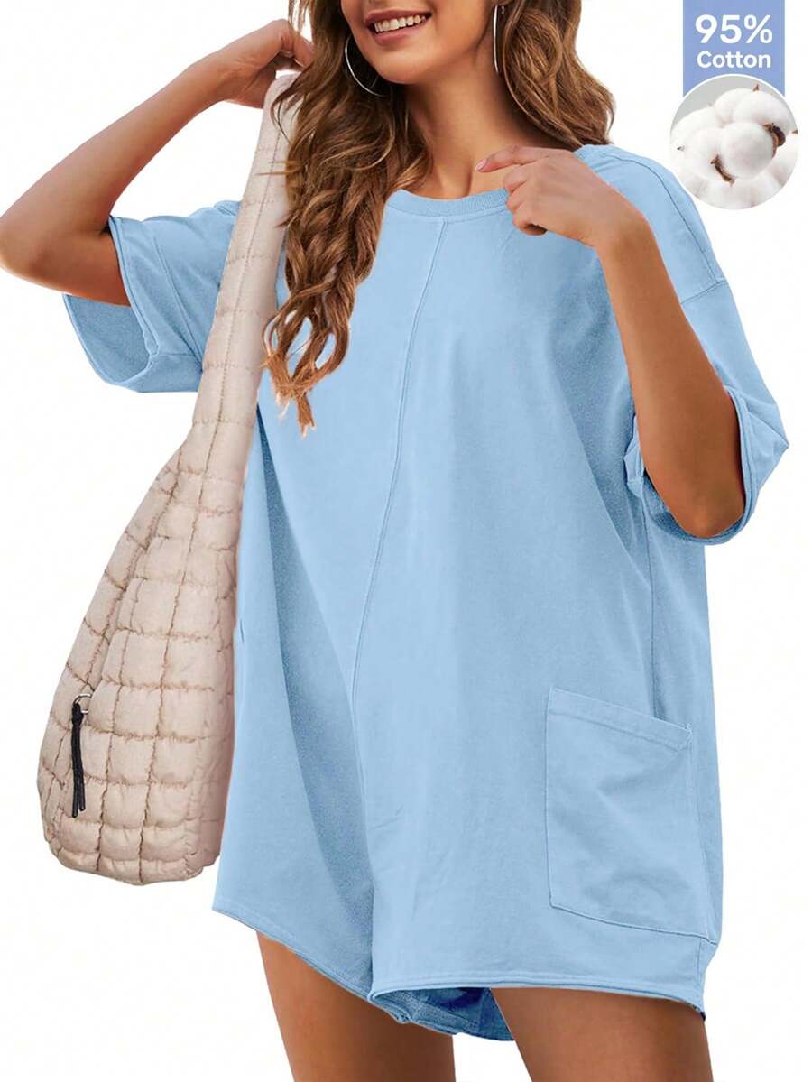 Women's Oversized Romper Casual Loose Fit Short Sleeve Summer Jumpsuit With Pockets Beach Vacation Everyday Wear - 淺藍色 - 查看 1