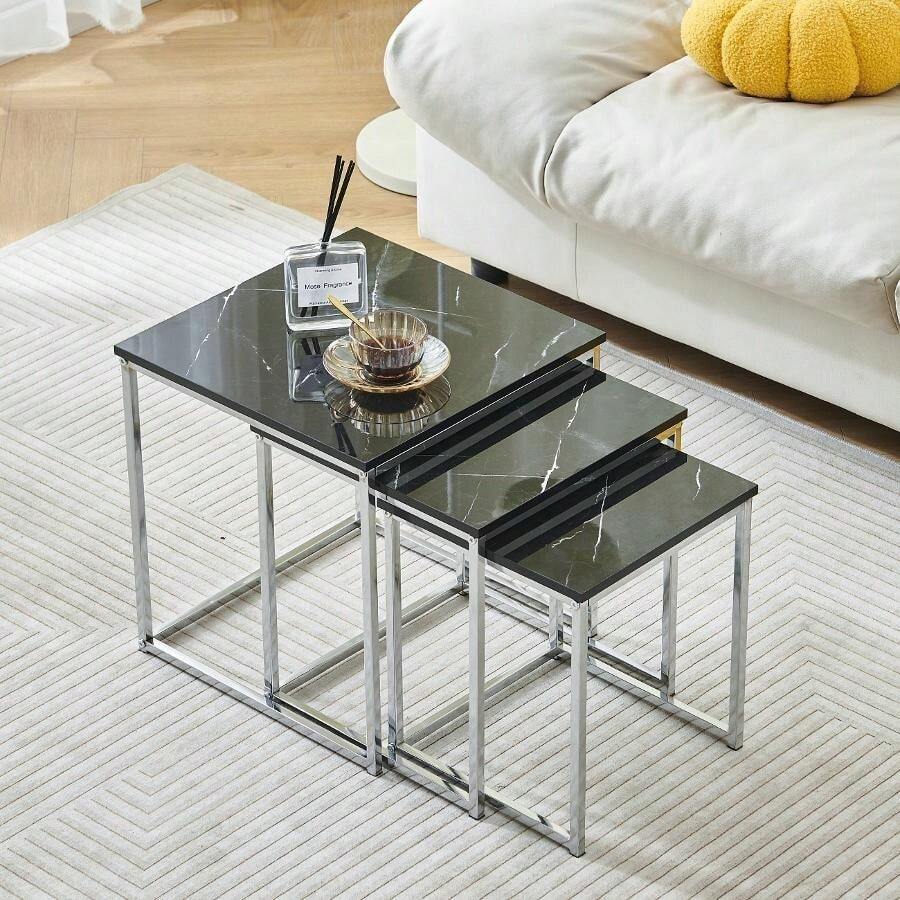 Set Of 3 Nesting Coffee Tables For Living Room, Nest Of 3 Nested Tables Sofa Side Table Coffee Table End Tables Space Saving - Black Marble - 查看 1