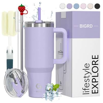 BIGRD 891ml/30-Ounce Double-Wall Stainless Steel Vacuum Coffee Cup With Straw And Handle, Double-Lid/Double-Nozzle, Reusable Stainless Steel Straw, Suitable For Both Hot And Cold Beverages, And The Top Choice For Gifting.