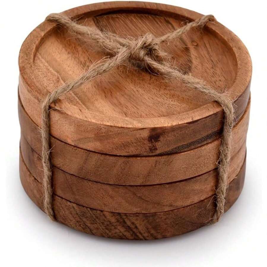 Wooden Coasters For Drinks - Natural Acacia Wood Drink Coaster Set For Drinking Glasses, Tabletop Protection For Any Table Type, - Design2 - View 1