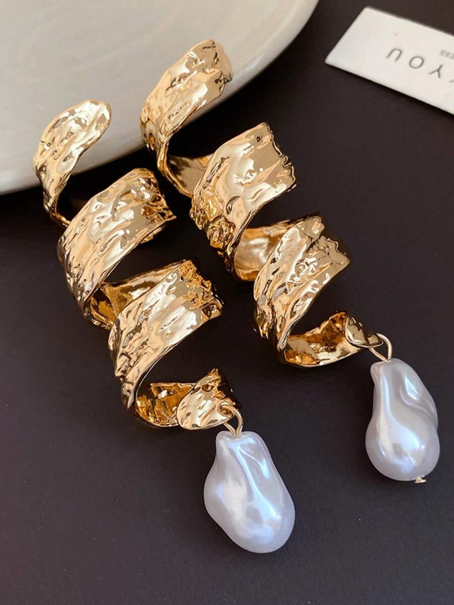 1对不对称螺旋金属珍珠吊坠耳环，欧美风格个性时尚夸张长流苏耳环，适合女性和女孩，旅行、婚礼、派对、生日、圣诞节礼物（2026款） - 金色 - 查看 1
