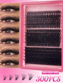 300pcs/Pack Clustered Segmental Fluffy 50D+60D+80D Mixed Length 8-16mm Black Matte Thick Dramatic DIY Eyelashes For Self-Application - View 2