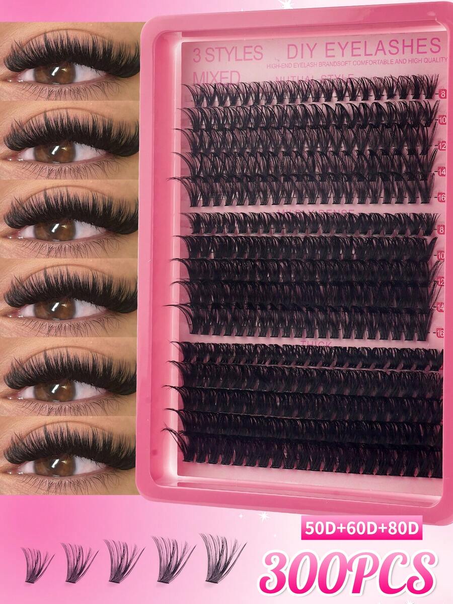 300pcs/Pack Clustered Segmental Fluffy 50D+60D+80D Mixed Length 8-16mm Black Matte Thick Dramatic DIY Eyelashes For Self-Application