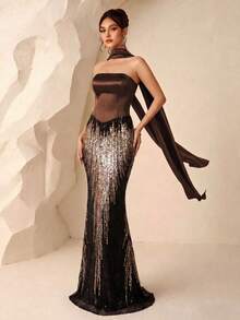 Bandeau Satin elegantes formelles Abendkleid mit Meerjungfrauen-Rock und wellenförmigem Paillettenband, Geburtstags- und Party-Abendkleid im leichten Socialite-Stil für Hochzeiten - Braun - Übersicht 1