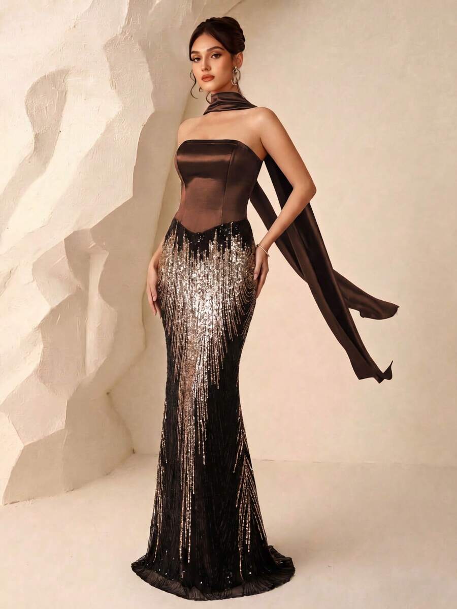 Bandeau Satin elegantes formelles Abendkleid mit Meerjungfrauen-Rock und wellenförmigem Paillettenband, Geburtstags- und Party-Abendkleid im leichten Socialite-Stil für Hochzeiten - Braun - Übersicht 1