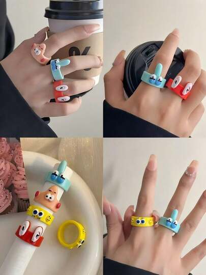 SpongeBob SquarePants 1 Set Cartoon Couple Rings, Cartoon Animation Peripherals, Movie Jewelry Accessories Toys Birthday Gift, Couple Commemorative Gift, Perfect Decorative Gift, Suitable For Daily Outfit Decoration, Fan Series, Holiday Party Decoration, Anniversary, Holiday Party Gift (Random Style)