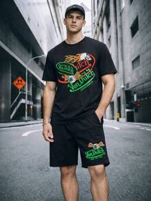 (2pc)  Pure Cotton Set. 2pcs Men Creative Black Casual Print T Shirt And Shorts Set With Vons Dutchs Logo And Eagle Design Streetwear Style For Urban Outfits Soft Fabric Breathable Comfortable Wear For Daily Use And Outdoor Activities. 100% Pure Cotton Short-Sleeve T-Shirt Set - 黑色 - 查看 7