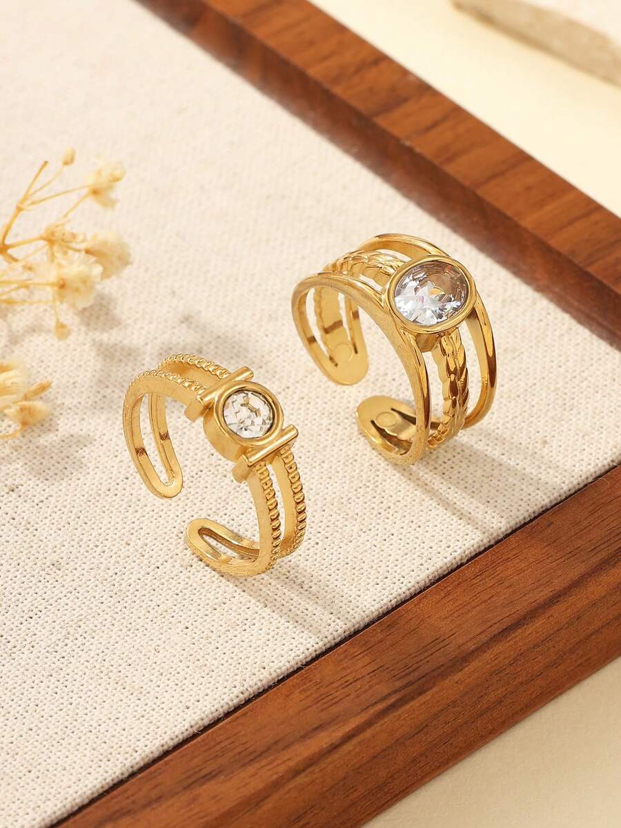 两件套不锈钢复古金色戒指,镶嵌白色钻石,适合女士日常佩戴或作为礼物 - 金黃色 - 查看 1