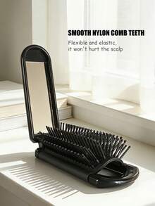 This 2-In-1 Folding Comb With Mirror And Massage Function, Printed With Cute Star, Heart, Sunflower And Colorful Flower Patterns. Portable And Lightweight, Perfect For Daily Commute, Business Trip, Travel, Outdoor Activities, Dating And Student Dorm Use, A Convenient And Practical Hair Styling Tool. - Black - View 3