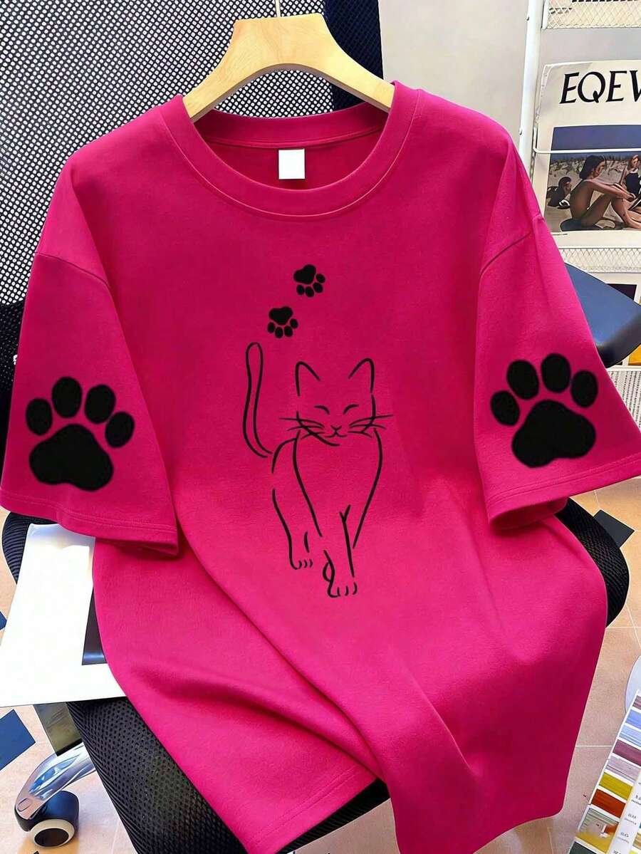 Cute Cat And Paw Print Graphic Round Neck Casual Summer Gift Women's T-Shirt - Hot Pink - View 1