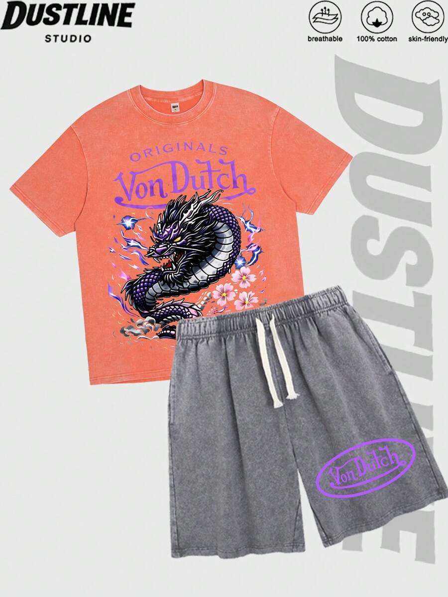 Mens Creative T Shirt And Shorts Set American Vintage Full Print Street Wear Essential T Shirt Set Men Graphic T Shirt And Shorts Set With Dragon And Flowers Print Washed Look Vons Dutchs Logo Design For Casual Outfits Summer Wear - trái cam - Xem 1