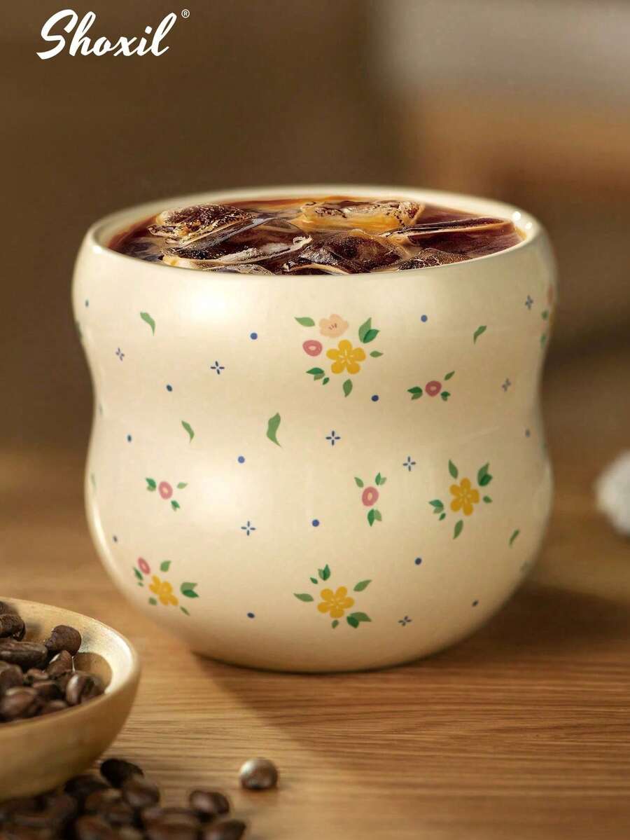 shoxil 1 pieza Taza de café de cerámica con estampado floral - Una taza de cerámica refrescante y ligera, adecuada para usar como taza para bebidas frías, taza de latte o taza de leche - Taza de cerámica - Ver 1