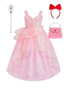 Bộ 6 món gồm váy công chúa màu hồng voan đính sequin không tay, băng đô, đũa phép, túi xách, thích hợp cho lễ Giáng sinh và tiệc hóa trang. - Hồng - Xem 1