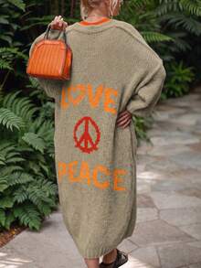 Fashionable New Autumn/Winter Tops, Featuring Letter Print, Contrast Stitching, Color Block, Colors, Pattern, Long Sleeve Sweater, Women's Casual Oversized Cardigan, Suitable For Outerwear - Khaki - View 2