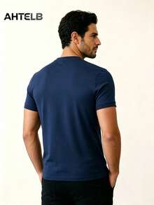 AHTELB Men's Solid Color Round Neck T-Shirt, Ice Silk Quick-Drying Breathable Lightweight And Comfortable Sports - Royal Blue - View 2