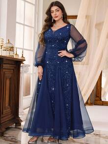 Plus Size Deep V-Neck Sequin Floral Lace Contrast Mesh Mermaid Ruffle Hem Evening Party Dress, Wedding Guest Dress Elegant - Navy Blue - View 5