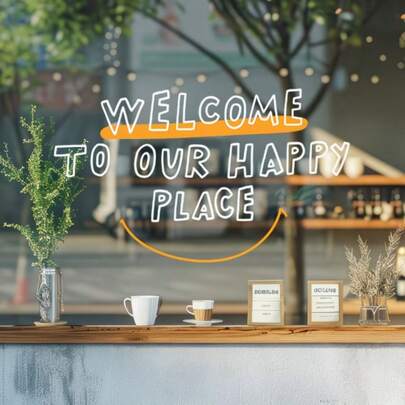 1/3pcs Creative Funny English "Welcome To Our Happy Place" Static Cling Window Sticker, Easy To Stick And Peel, Suitable For Decoration In Living Room, Dining Room, Supermarket, Bedroom, Bathroom And Office