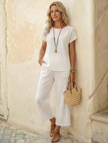 Conjunto Dos Piezas Mujer Blanco, Blusa Cuello Redondo Mangas Cortas Holgada, Pantalones Largos Anchos Culotte, Tejido De Lino Ligero Fresco Transpirable, Estilo Minimalista Boho Natural Chic Ideal Para Looks Diarios Veraniegos Y Vacaciones - Verde militar - Ver 9