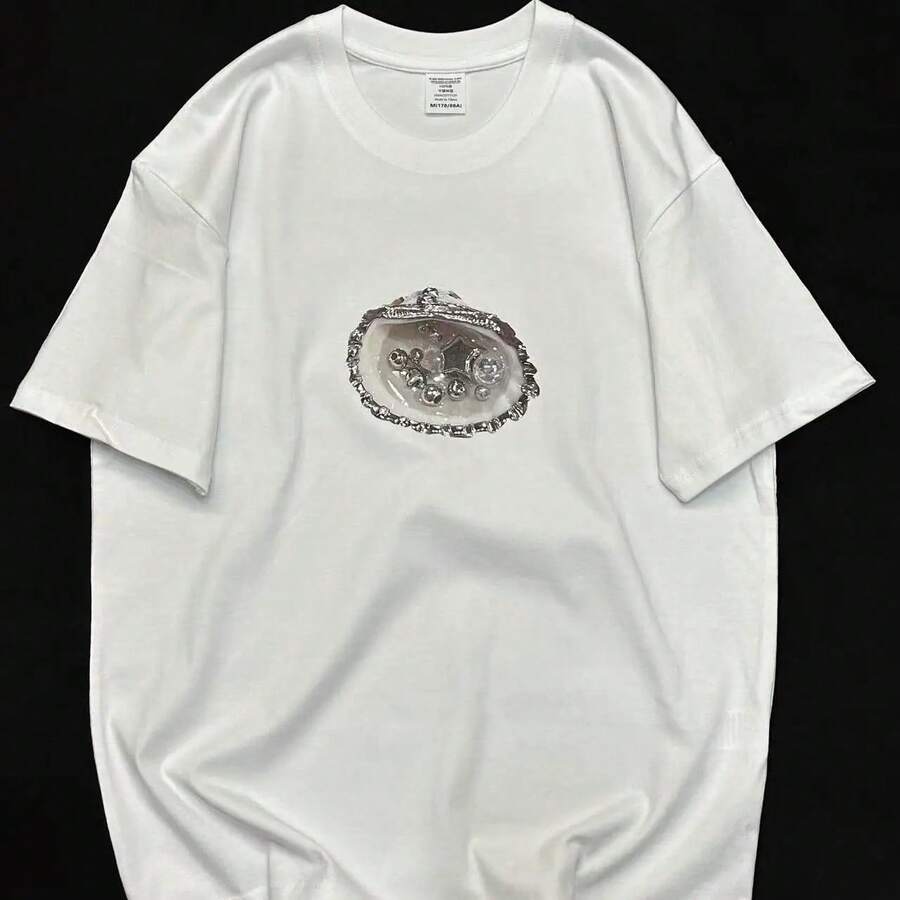 Loose-Fitting T-Shirt With Seashell Print, Y2K Couples For Communicating - White - View 1