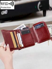 MIYIN Fashionable Retro Women's Short Wallet, Multifunctional Snap Coin Purse & Bill Clip, Zipper Credit Card Holder, Tri-Fold RFID Blocking PU Leather Card Slots With ID Window, Suitable For Women, Girls, Postgraduates, College Students, Young Ladies And Office Ladies For Daily Use (Wine Red) - 勃根地 - 查看 8